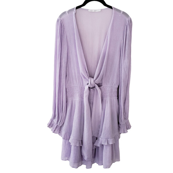 Saints + Secrets Long Sleeve Deep V Tie Front Ruffle Mini Dress, Violet, L - Picture 3 of 12
